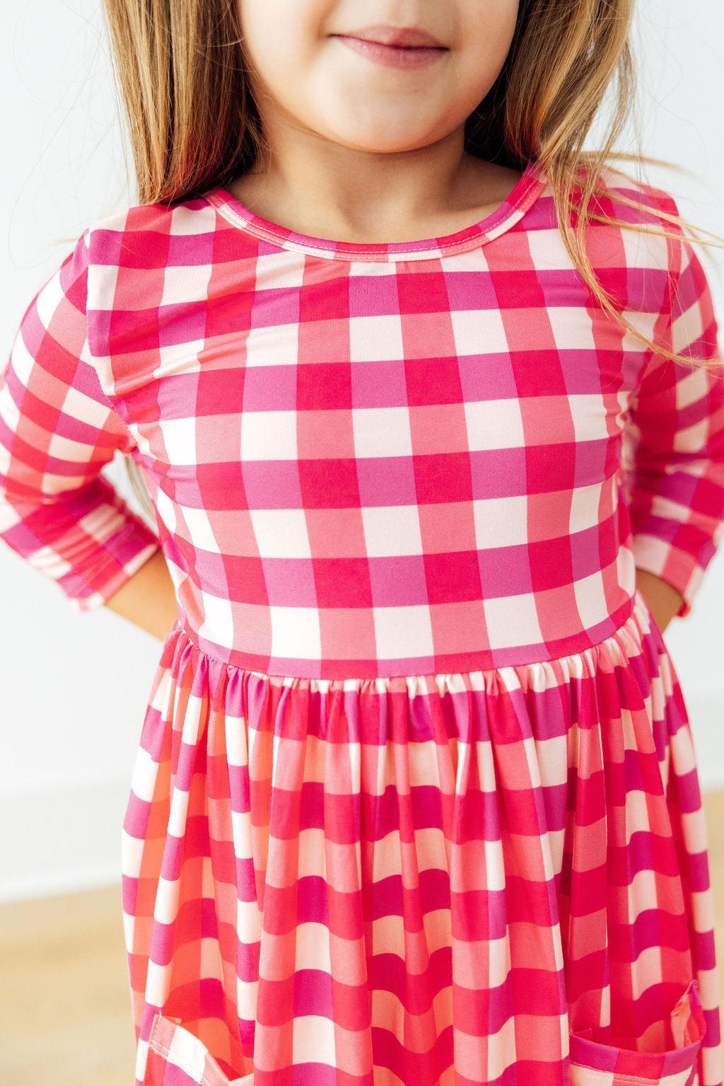 Hot Pink Gingham 3/4 Sleeve Pocket Twirl Dress - Aaria Tees Aaria Tees