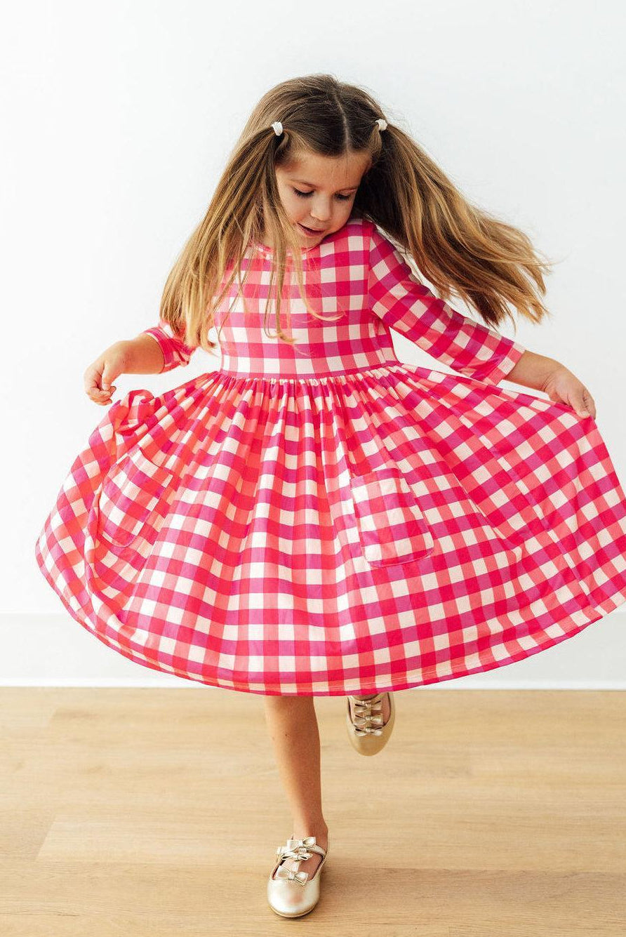 Hot Pink Gingham 3/4 Sleeve Pocket Twirl Dress - Aaria Tees Aaria Tees