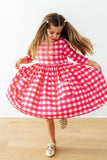 Hot Pink Gingham 3/4 Sleeve Pocket Twirl Dress - Aaria Tees Aaria Tees