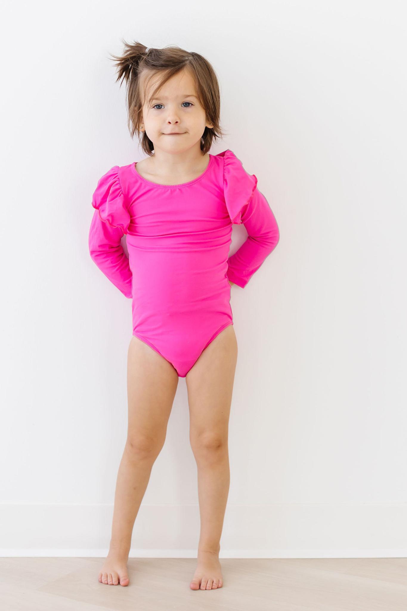 Hot Pink L/S Flutter Sleeve Leotard - Aaria Tees Aaria Tees