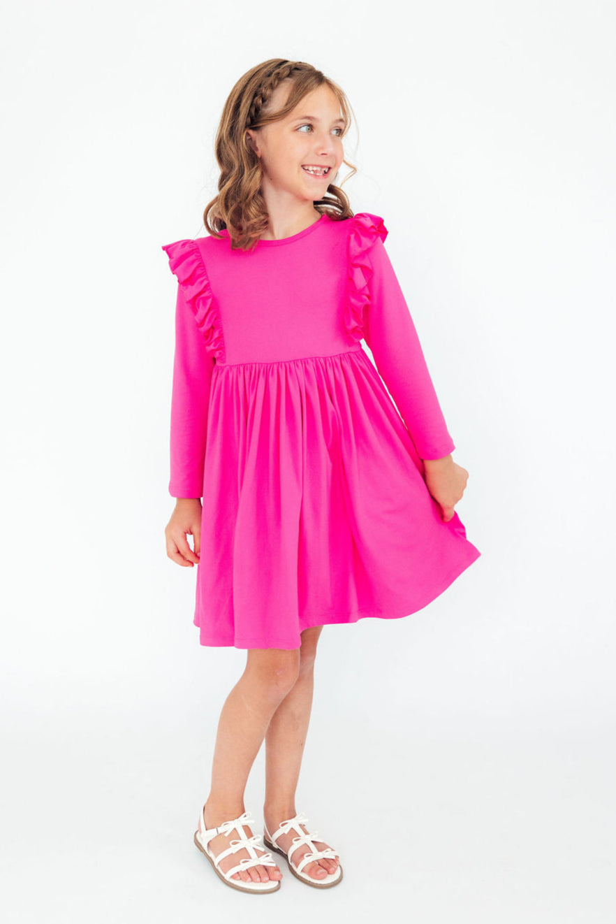 Hot Pink L/S Ruffle Twirl Dress - Aaria Tees Aaria Tees