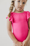Hot Pink S/S Flutter Sleeve Leotard - Aaria Tees Aaria Tees