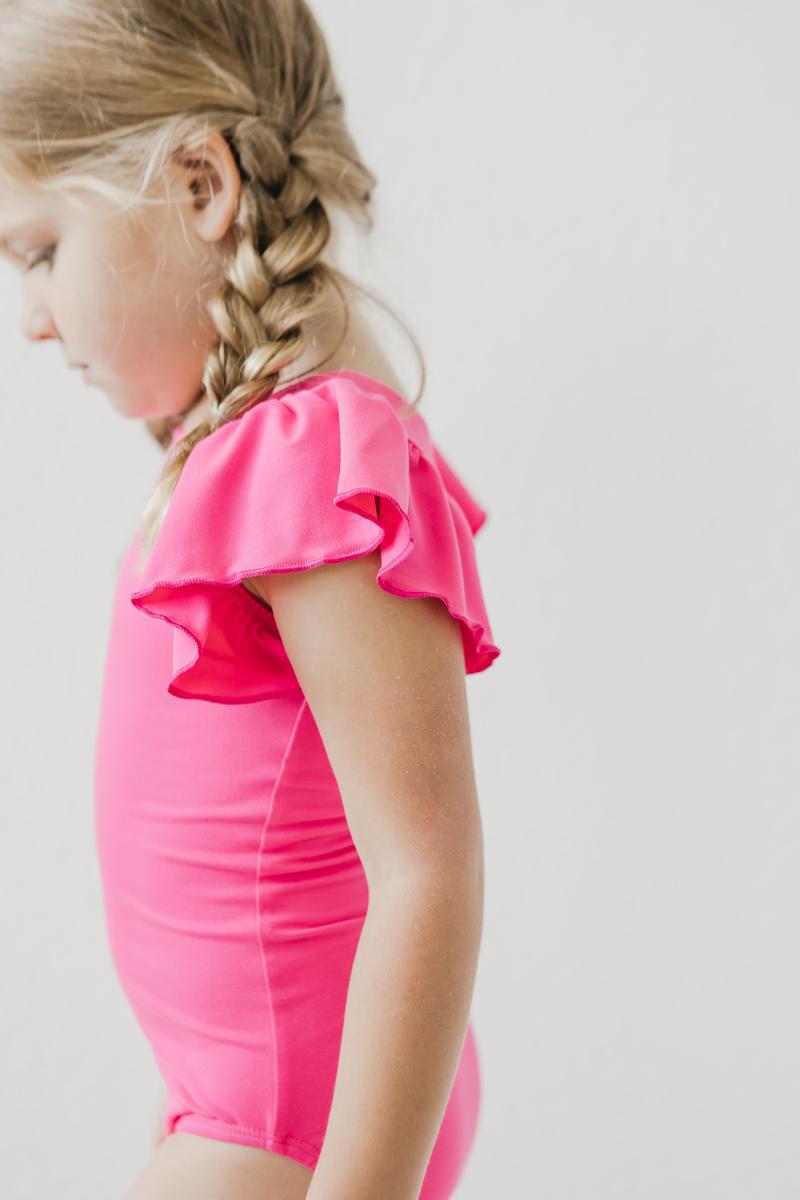 Hot Pink S/S Flutter Sleeve Leotard - Aaria Tees Aaria Tees