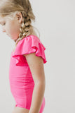 Hot Pink S/S Flutter Sleeve Leotard - Aaria Tees Aaria Tees