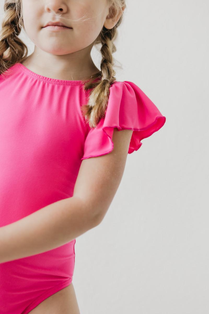 Hot Pink S/S Flutter Sleeve Leotard - Aaria Tees Aaria Tees