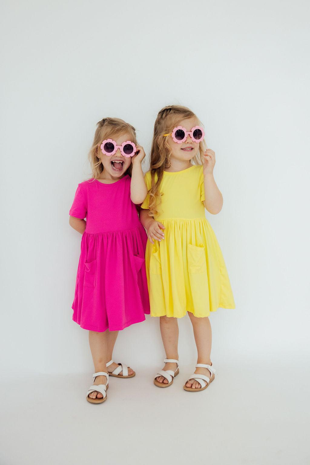 Yellow S/S Pocket Twirl Dress - Aaria Tees Aaria Tees