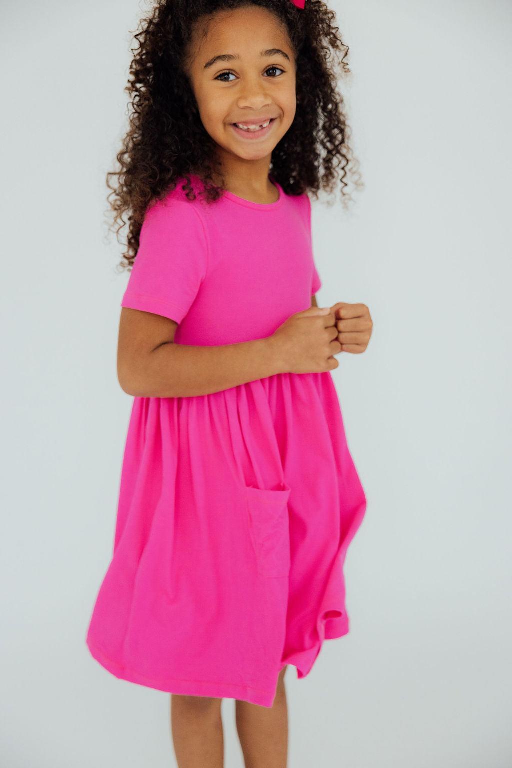 Hot Pink S/S Pocket Twirl Dress - Aaria Tees Aaria Tees