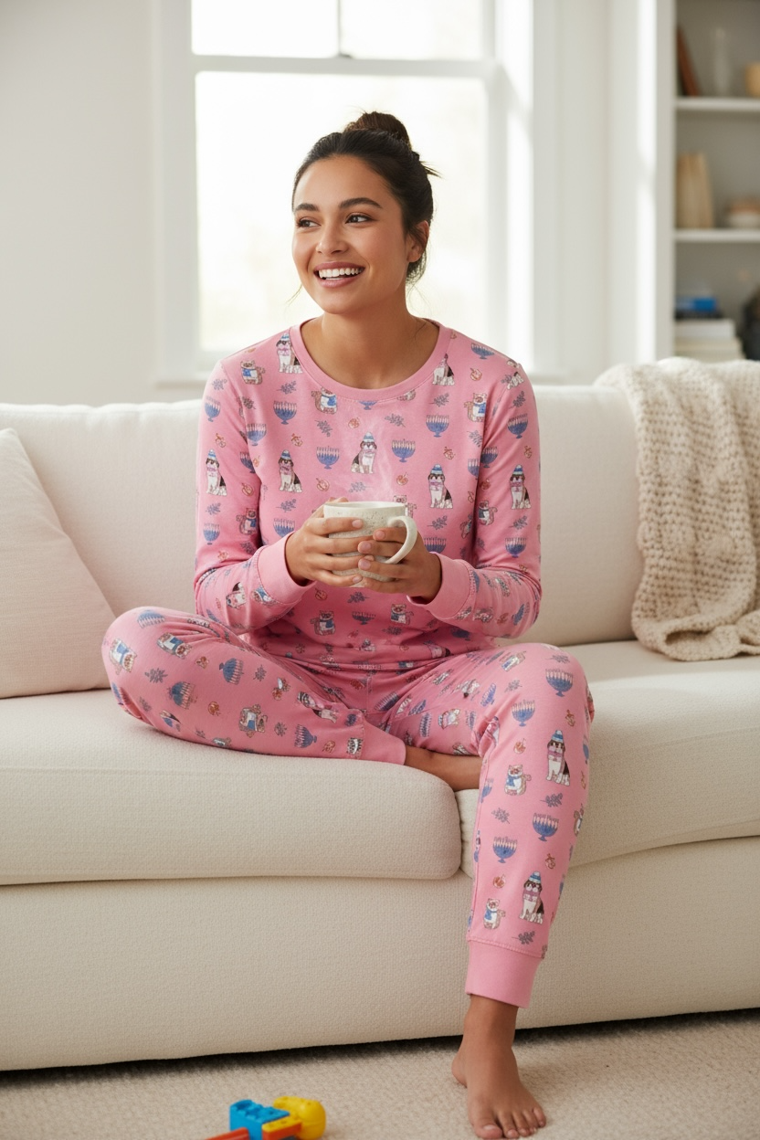Hanukkah Pets (Women's Long Sleeve PJ) - Pink - Aaria Tees