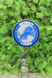 Lions Football Circle Blue Glitter Badge/ID Holder Reel Aaria Tees