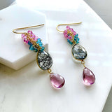 Pink Rhodolite Garnet and Rutilated Quartz Bezel Cluster Earrings Aaria Tees