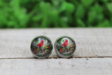 Red Cardinal on Tree Branch Glass Stud Earrings Aaria Tees