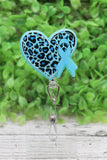 Lt Blue Leopard Heart & Awareness Ribbon Badge Reel Aaria Tees
