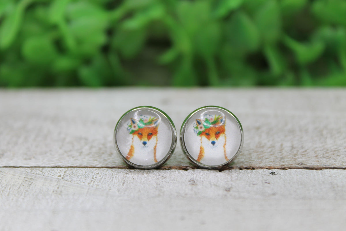 Floral Crown Fox Stud Earrings
