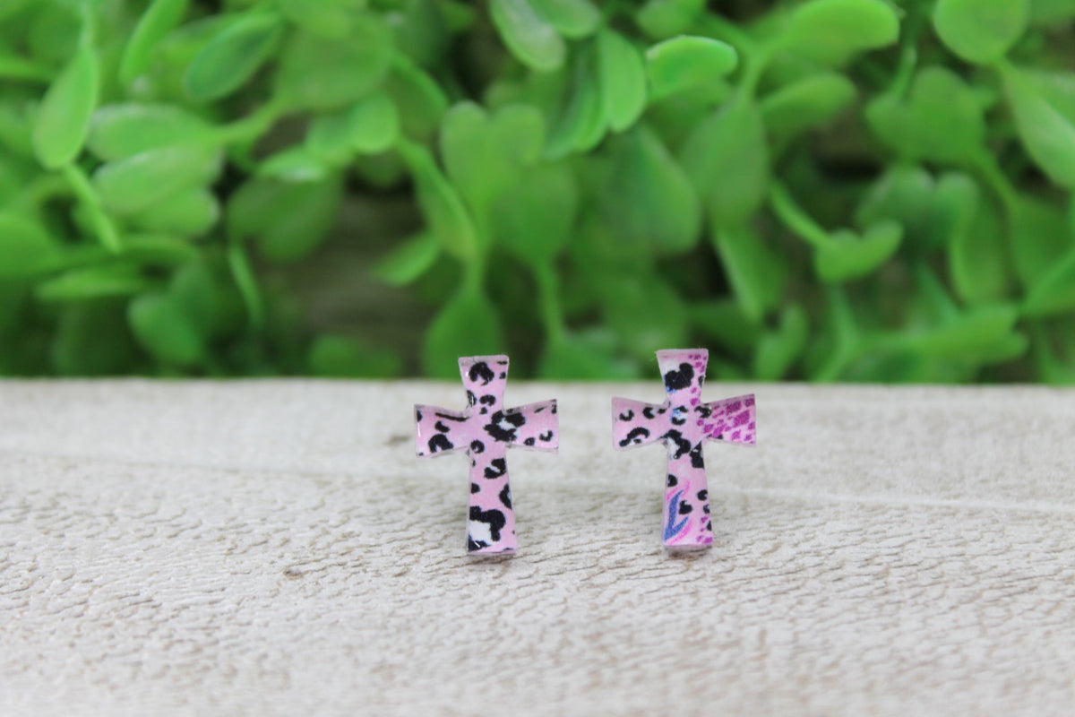 Pink Leopard Print Cross Stud Earrings