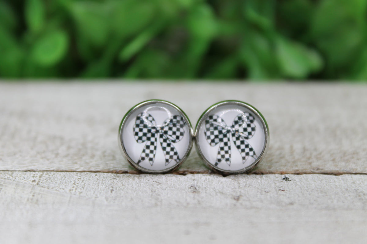 Checkered Bow Glass Stud Earrings