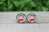 Red Cherries and Checkered Bow Glass Stud Earrings Aaria Tees