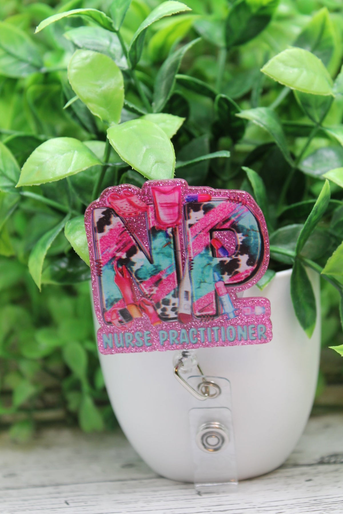 NP Nurse Practitioner on Pink Glitter Badge Reel
