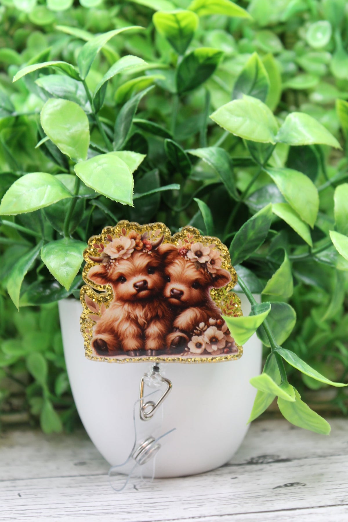 Cute Floral Crown Cows Badge Reel