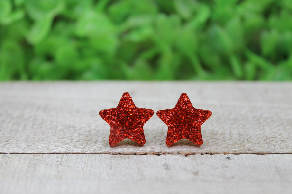 Red Glitter Star Stud Earrings