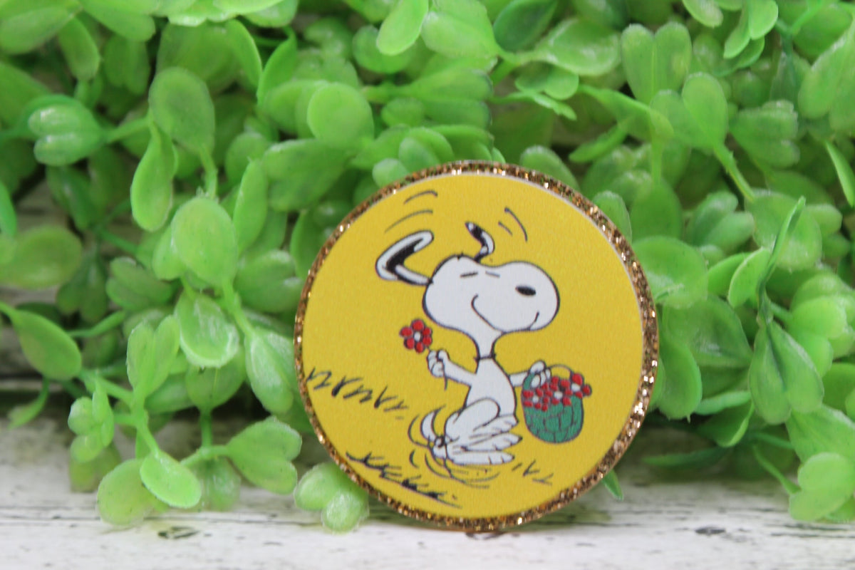 Running White Dog with Flowers Circle Badge Reel