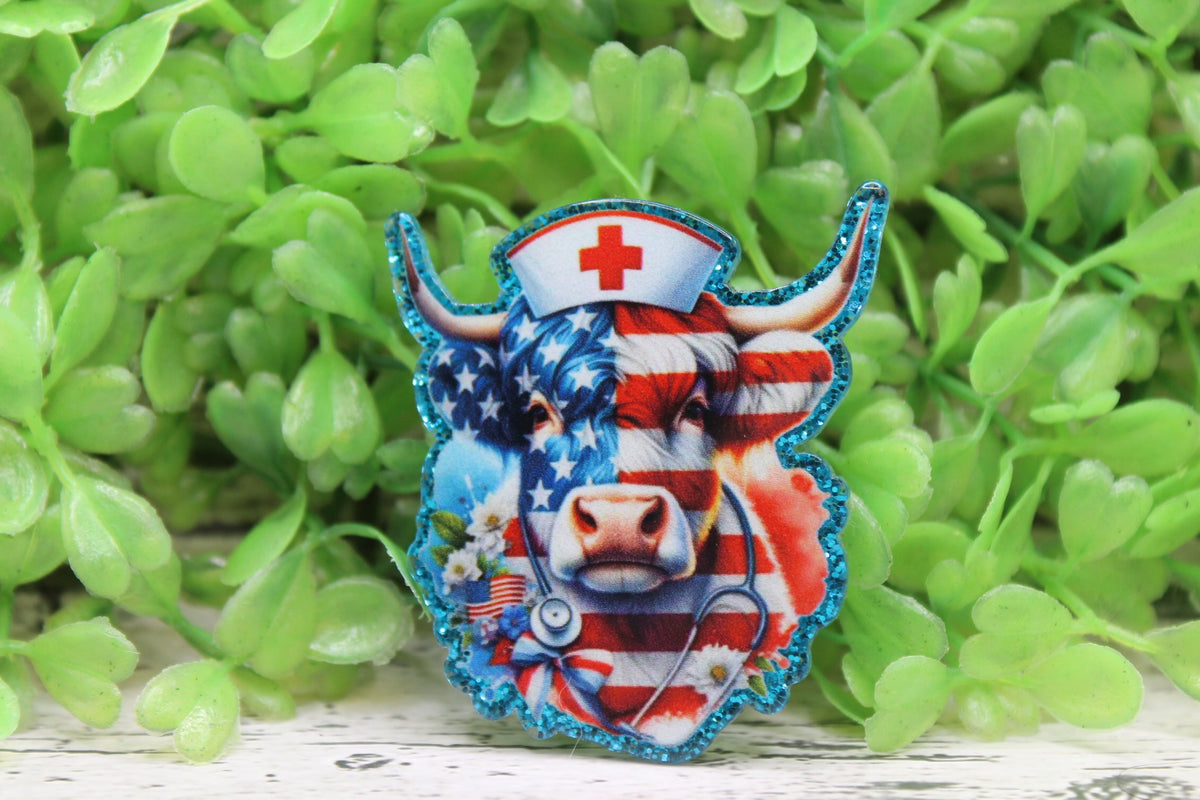 Patriotic Nurse Cow Badge Reel