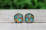 Turquoise and Sunflowers 12mm Glass Stud Earrings || Hypoallergenic Aaria Tees