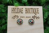 Floral Rooster & Hen 12mm Glass Stud Earrings Aaria Tees