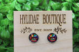 Tie Dye Paw Print Jeep on Black 12mm Glass Stud Earrings || Hypoallergenic Aaria Tees