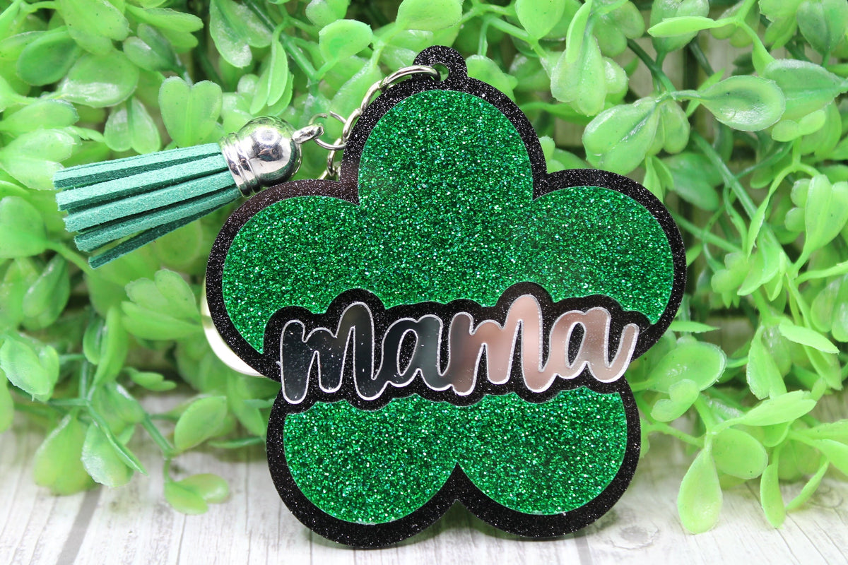 MAMA Green Glitter Flower • Keychain