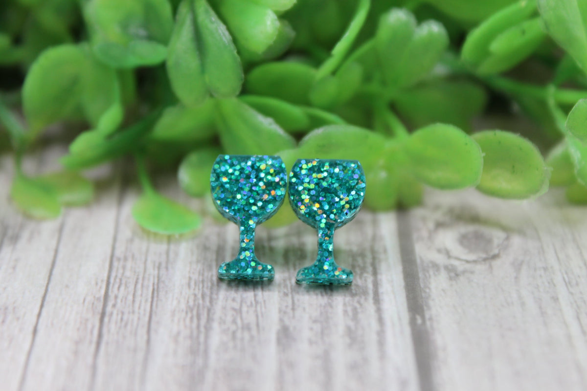 Teal Glitter Wine Glasses • Stud Earrings