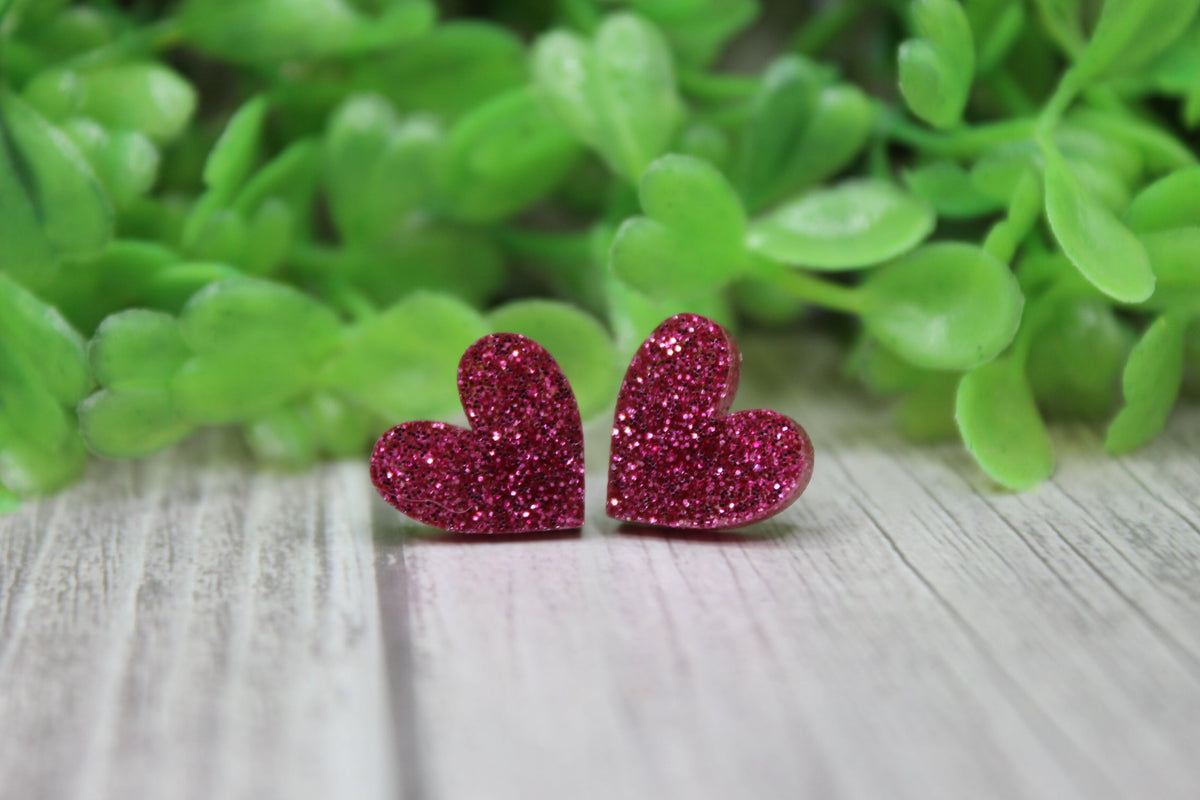 Pink Glitter Heart • Stud Earrings