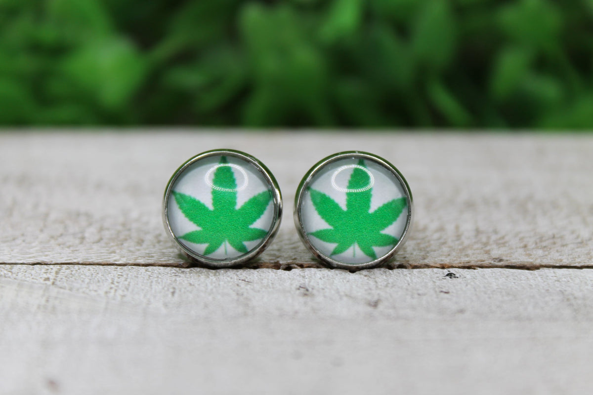 Green Leaf Glass Stud Earrings