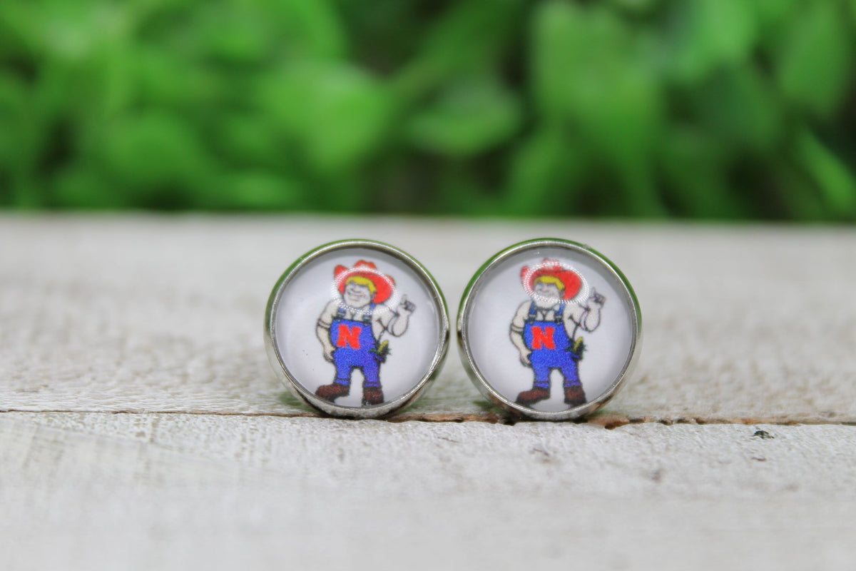 Nebraska Farmer Mascot Glass Stud Earrings