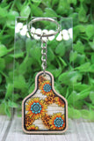 Turquoise Sunflower Cow Tag Wooden Keychain Aaria Tees