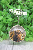 Highland Cow on Leopard & Black Glitter Wooden Keychain Aaria Tees