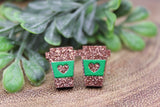 Glitter & Green Coffee Cups with Hearts | Stud Earrings | Hypoallergenic Aaria Tees