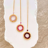 Rose Quartz, Pink Tourmaline and Ruby Quartz Halo Mini Gold Pendants Aaria Tees