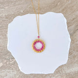 Rose Quartz, Pink Tourmaline and Ruby Quartz Halo Mini Gold Pendants Aaria Tees