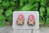 Pink Coffee Gnome Wood Stud Earrings Aaria Tees