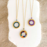 London Blue Quartz, Rainbow Gemstone and Amethyst Halo Mini Gold Pendants Aaria Tees