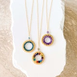 London Blue Quartz, Rainbow Gemstone and Amethyst Halo Mini Gold Pendants Aaria Tees