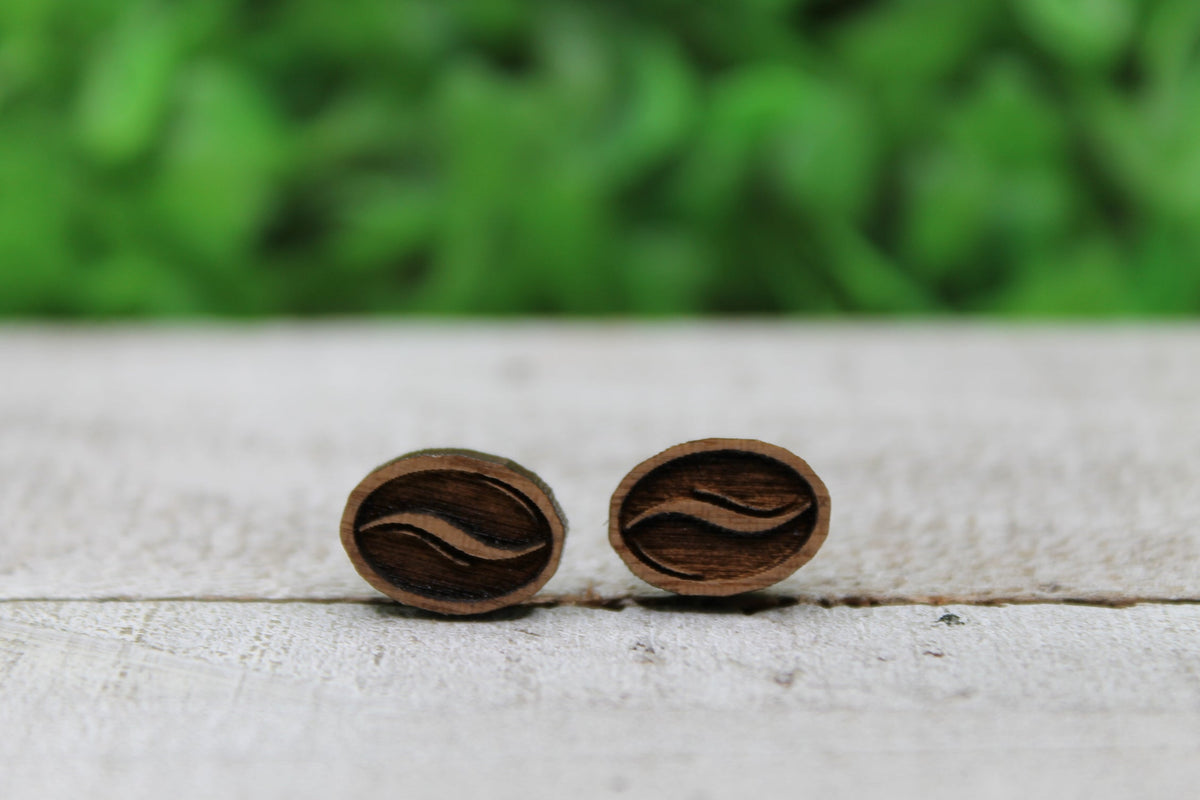 Coffee Bean Engraved Wood Stud Earrings