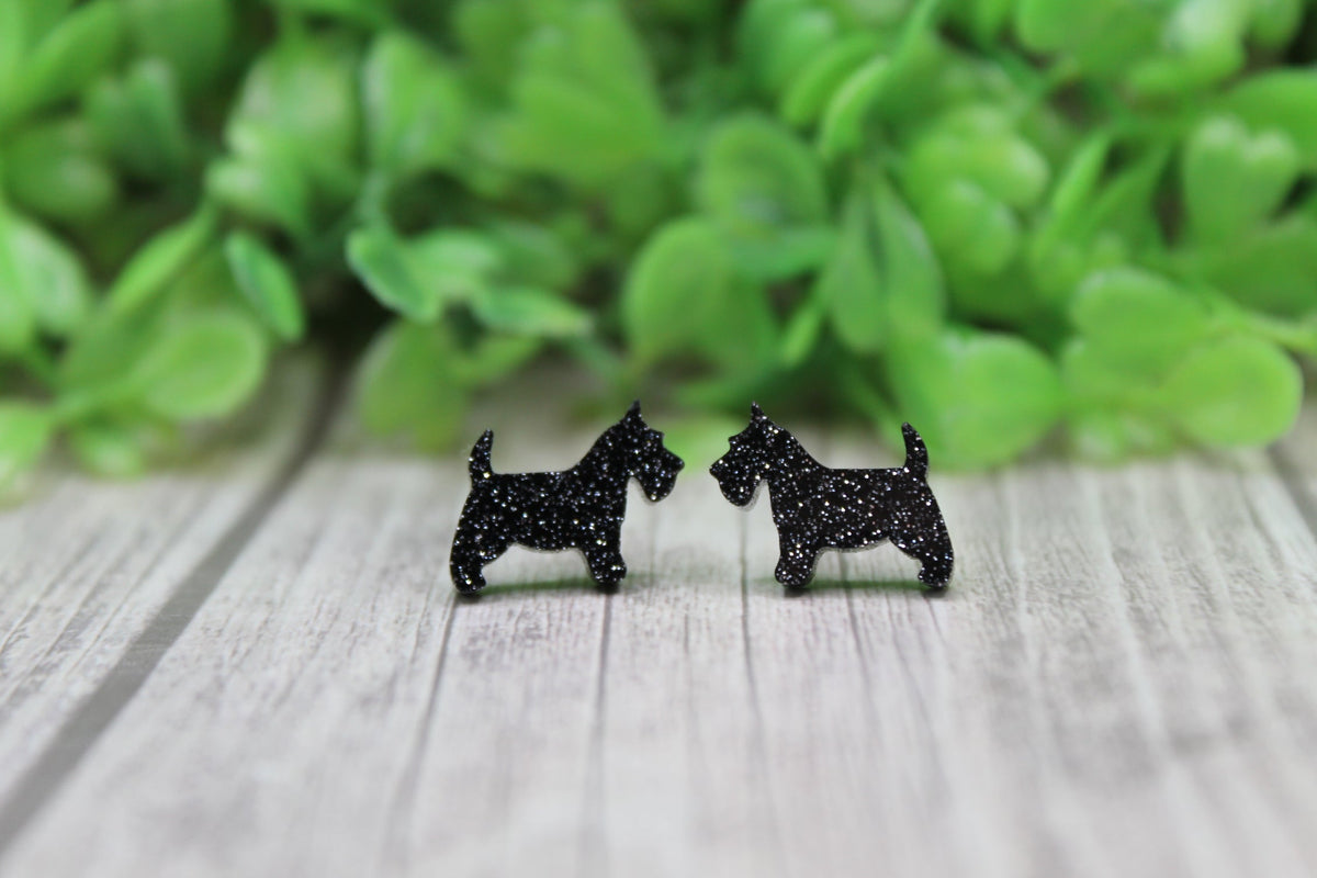 Black Glitter Scottish Dog Stud Earrings