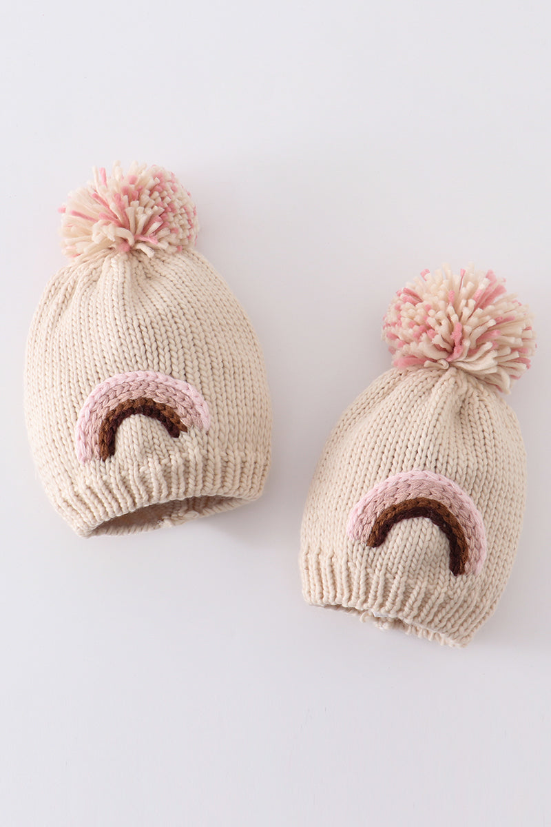 Rainbow hand embroidered pom pom beanie hat - Aaria Tees Aaria Tees