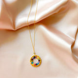 London Blue Quartz, Rainbow Gemstone and Amethyst Halo Mini Gold Pendants Aaria Tees