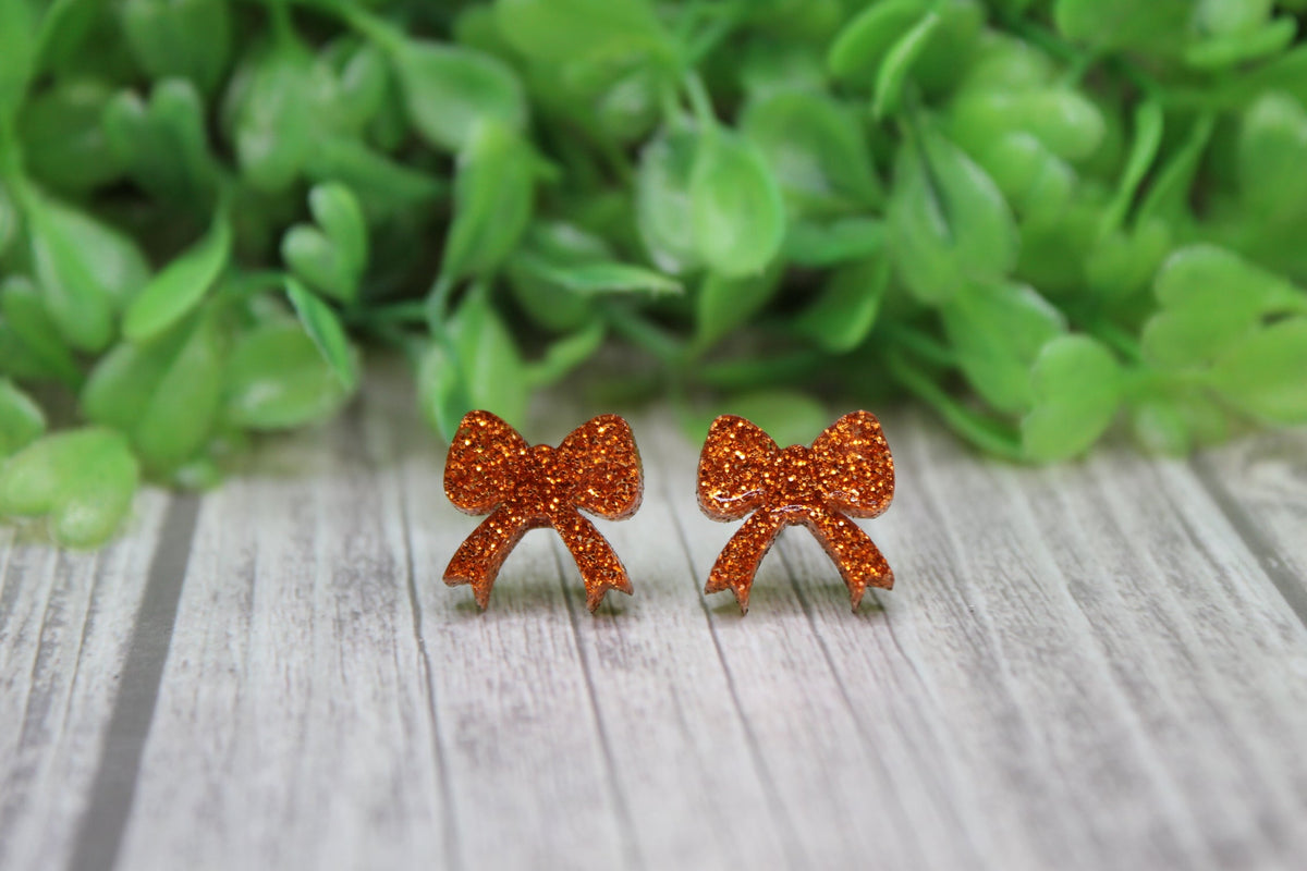 Orange Glitter Bow Stud Earrings