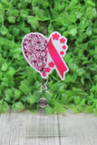 Floral Heart Pink Ribbon Breast Cancer Awareness Badge/ID Holder Reel Aaria Tees