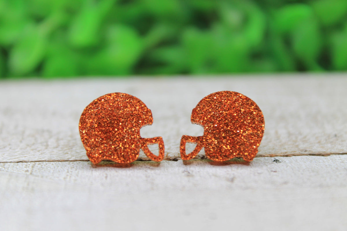 Orange Glitter Football Helmet Stud Earrings