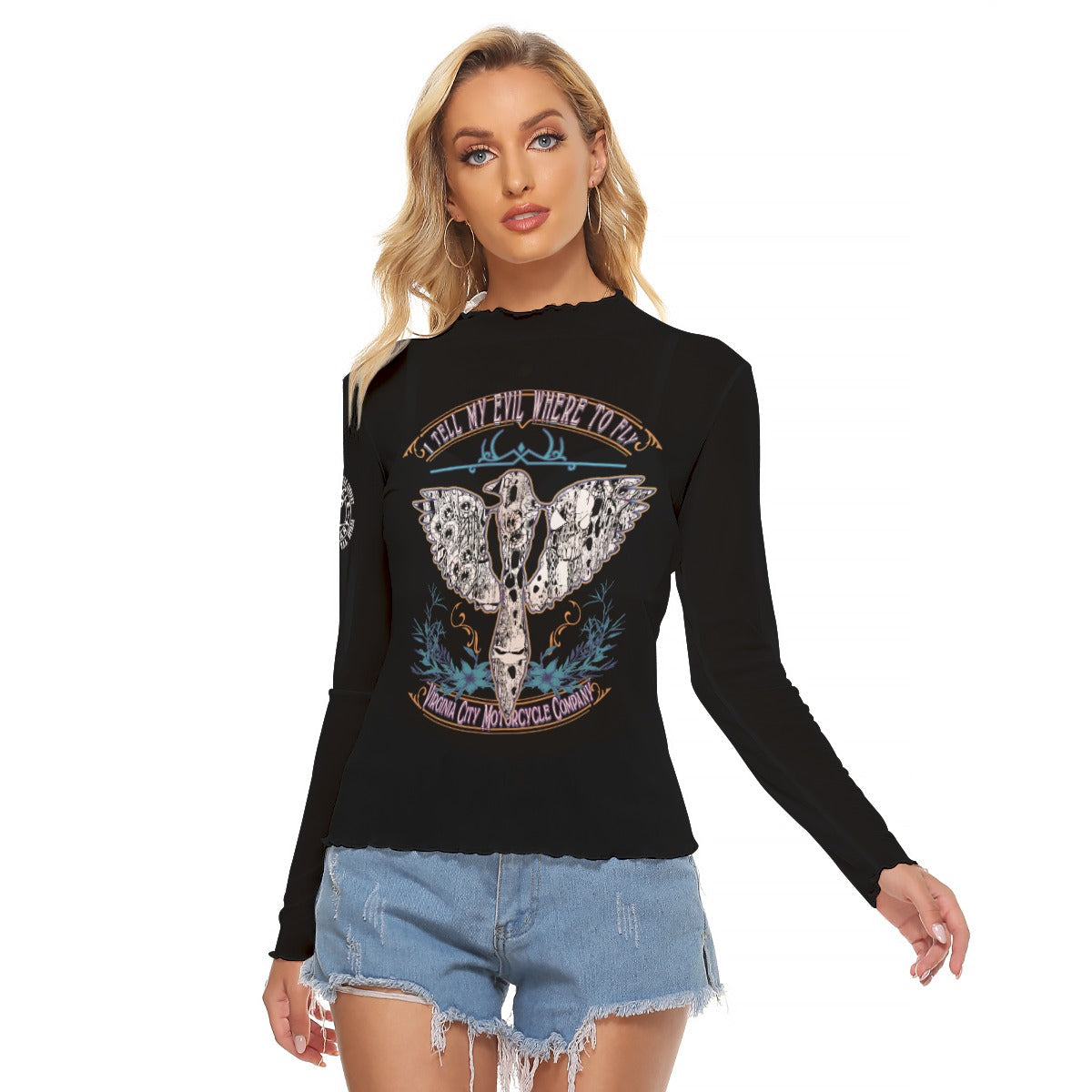 I Tell My Evil Where to Fly | Women's Mesh Long Sleeve Coverup | Motorcycle Apparel - Aaria Tees Aaria Tees