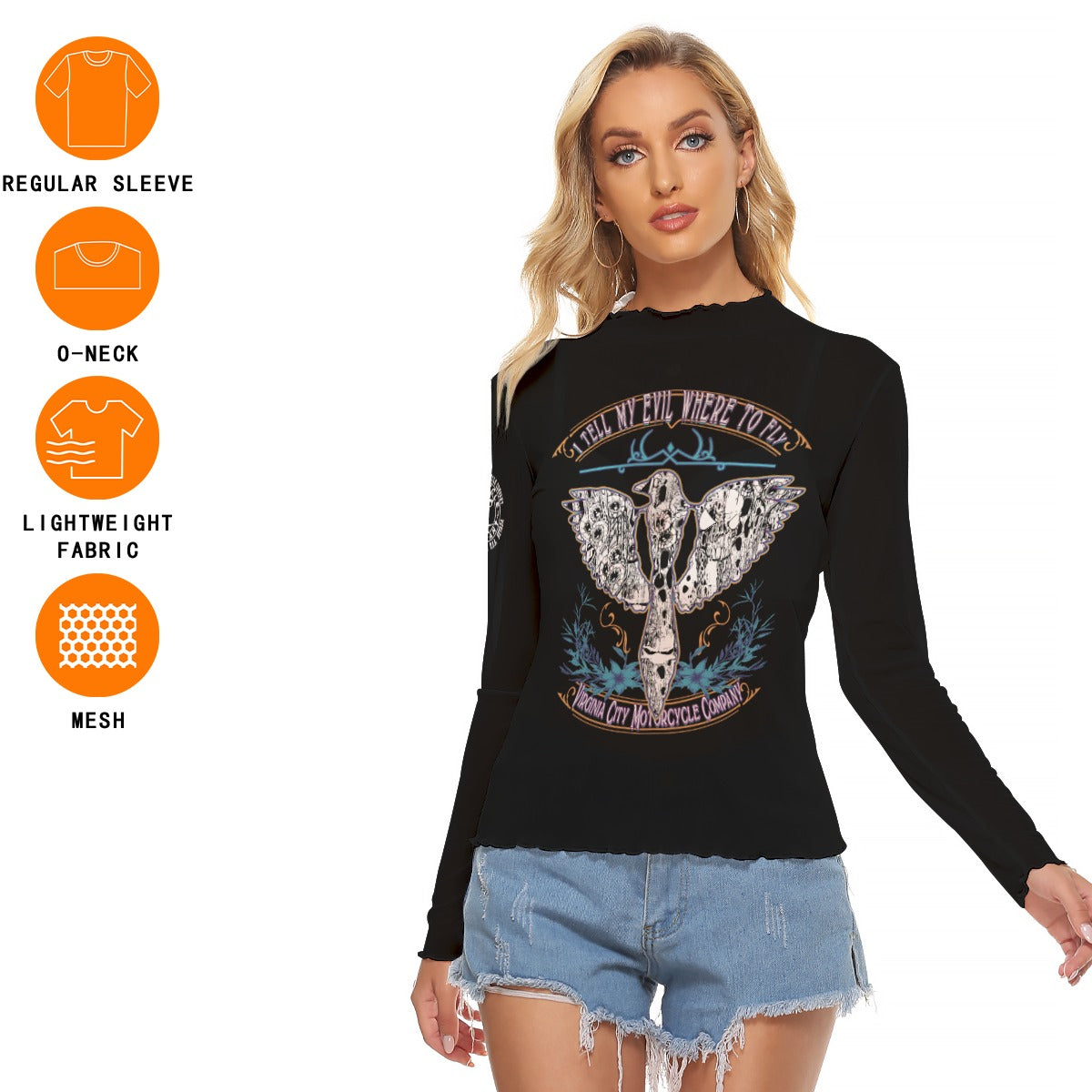 I Tell My Evil Where to Fly | Women's Mesh Long Sleeve Coverup | Motorcycle Apparel - Aaria Tees Aaria Tees